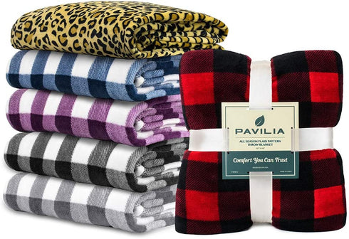 PAVILIA Buffalo Plaid Throw Blanket for Sofa Couch | Soft Flannel Fleece Grey White Checker Plaid Pattern Decorative Throw | Warm Cozy Lightweight Microfiber | 50 x 60 Inches