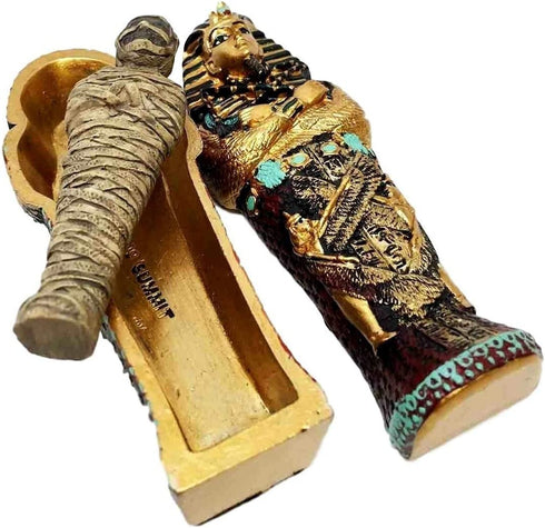Gifts & Decor Ebros Egyptian King Tutankhamun Pharaoh Sarcophagus Coffin with Mummy Figurine Set 4" Long Egyptian Pharaoh Tombstone Historical Sculpture