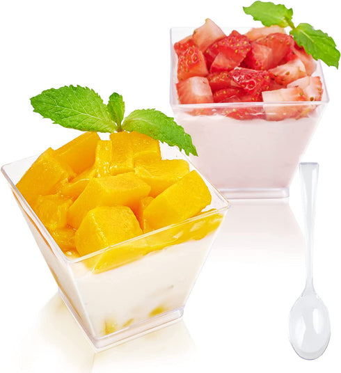 100 x 2oz Square Mini Dessert Cups with Spoons, Clear Plastic Parfait Appetizer Cup - Small Plastic Dessert Cups Reusable Serving Bowl for Tasting Party Desserts Appetizers