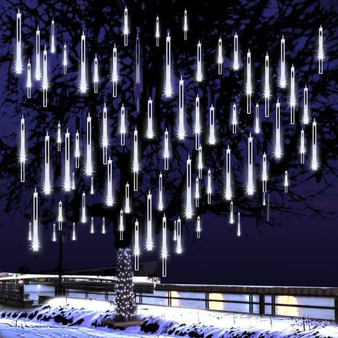Adecorty Christmas Lights Outdoor Tree Snowfall LED Dripping Icicle Shooting Star Lights 12 inch 8 Tubes, Meteor Shower Falling Rain Lights for Xmas Decoration, Luces de Navidad para Exterior (White)