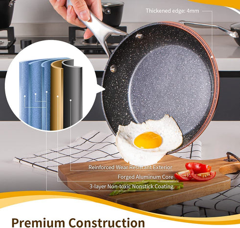Nonstick Skillet 8 inch with Sturdy Stainless Steel Handle, Frying Pan for All Stoves, Induction Omelette Pans, Black Cookware, Oven & Dishwasher Safe