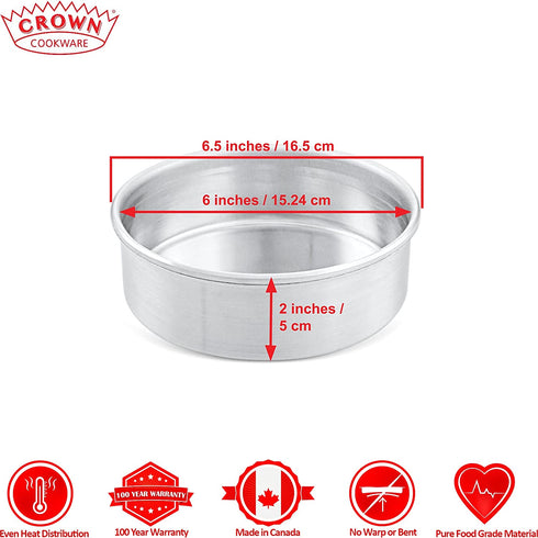 Crown 6 inch Cake Pans Set of 2, 2 inch Deep, Heavy Duty, Fully Straight Sides, Made in Canada