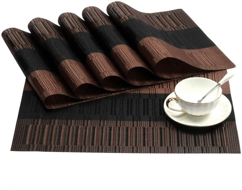 SHACOS Table Placemats Set of 6 with Table Runner Woven Vinyl Wipe Clean Heat Resistant Table Mats and Runner Set for Dining Table, Ombre Coffee Black