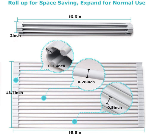 U-Taste Roll Up Dish Drying Rack 16.5 by 13.7 Inches, Over The Sink Foldable Multipurpose Silicone Dish Drainer Warm Gray, Small