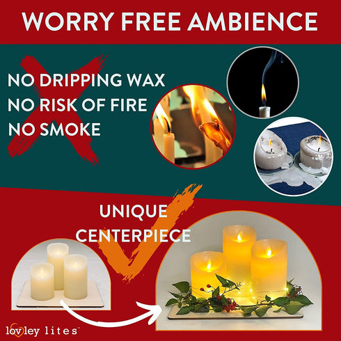 Lovley Lites Set of 3 LED Pillar Candles - 4,5,6 Inch Tall Flickering Flameless Candles + Wire Fairy Lights + Wood Tray, Safe Elegant Smart Battery Candles with Remote Control