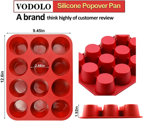 12-Cup Silicone Popover Pans, Professional Popover Pan for Popovers, Non-Stick Popover Pans for Muffins, Brownies and Baking