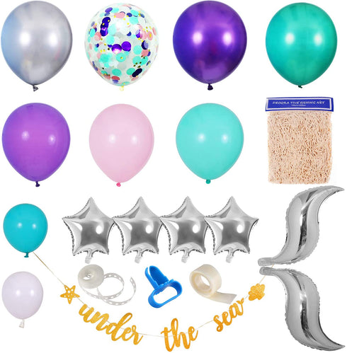 145 Pieces Mermaid Party Balloon Garland Kit, Mermaid Tail Balloon Garland Plush Fish Net Under The Sea Banner for Girls Mermaid Ocean Birthday Baby Shower Party Supplies Decorations