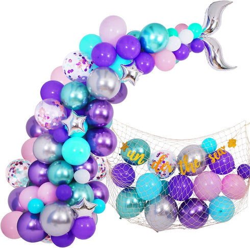 145 Pieces Mermaid Party Balloon Garland Kit, Mermaid Tail Balloon Garland Plush Fish Net Under The Sea Banner for Girls Mermaid Ocean Birthday Baby Shower Party Supplies Decorations