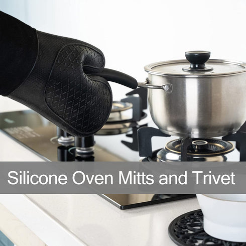 Domonic Home Oven Mitts and Pot Holders Sets, Silicone Oven Mitts Heat Resistant 600F, Soft Lining Good Grip Oven Mitts Sets, Oven Gloves and Silicone Trivet 4-Piece Set,Black