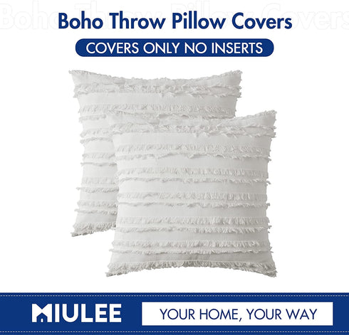 MIULEE Set of 2 Decorative Boho Throw Pillow Covers Linen Striped Jacquard Pattern Cushion Covers for Sofa Couch Living Room Bedroom 20x20 Inch Ivory White
