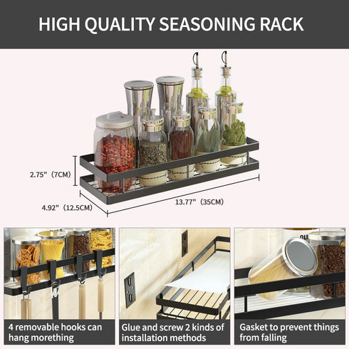 PINNIYOU Spice Rack Wall Mount Organizer, 14" Hanging Black Spice Organizer Shelf, Farmhouse Seasoning Organizer, Space-Saving Spice Shelves Holder for Kitchen, Flexible Bathroom Organizer(2 Pcs)