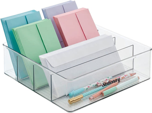 mDesign Plastic Divided Drawer Organizer Storage Bin for Home Office, Desk Drawer, Shelf, Cabinet - 4 Compartments, 12" Long + 32 Adhesive Labels - Clear