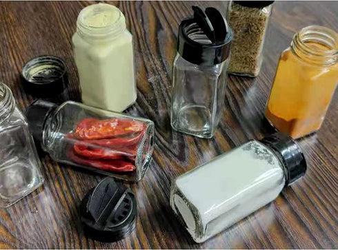 BPFY 12 Pack 4oz Glass Spice Jars With Black Plastic Lids, Square Spice Bottles, Chalk Labels, Pen, Silicone Collapsible Funnel, Spice Containers For Kitchen Cabinet