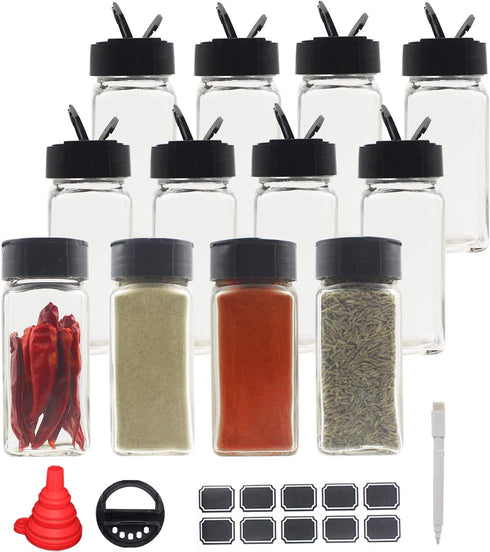 BPFY 12 Pack 4oz Glass Spice Jars With Black Plastic Lids, Square Spice Bottles, Chalk Labels, Pen, Silicone Collapsible Funnel, Spice Containers For Kitchen Cabinet