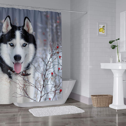 FAITOVE Winter Snow Siberian Husky Dog Shower Curtain Cute Animal Puppy Pets Bath Curtain with Hooks Waterproof Bathroom Decor 72"(W) x 72"(H), Polyester Fabric