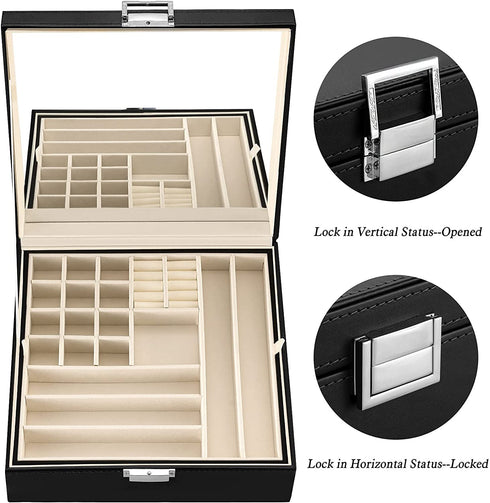 Oyydecor Two-Layer Pu Leather Jewelry Box Organizer Display Storage case Necklace Ring Earring Storage Lockable Gift Case Gifts for Women