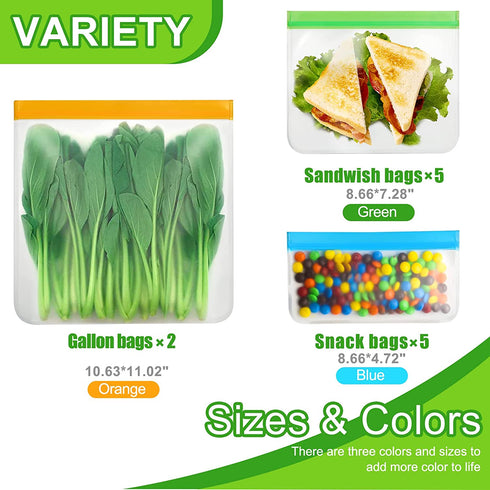 Reusable Food Storage Bags - 12 Count BPA Free Reusable Freezer Bags (2 Gallon & 5 Sandwich & 5 Snack Size Bags) Tangibay Leakproof Freezer Safe Bag for Meat Fruit Vegetable