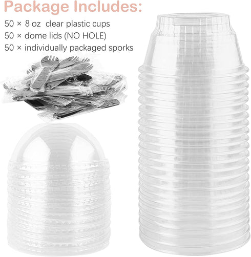 Zezzxu 50 Pack 8oz Clear Plastic Cups with No Hole Dome Lids and Sporks Disposable Dessert Cups Mini Snack Bowls for Parfait, Ice Cream, Fruit, Cupcakes, Pudding