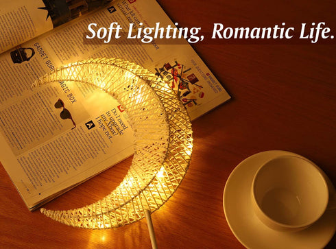 Lewondr Table Lamp, Battery Powered Moon Shape Bedside Light Desk Lamp Christmas LED Decorative Lamp Winding Iron Frame Plastic Base Warm White Bright Light Home Bedroom Romantic Decoration - White