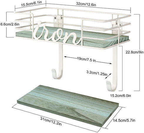 TJ.MOREE Ironing Board Hanger Wall Mount - Laundry Room Decor Iron and Ironing Board Holder, Metal Wall Mount with Large Storage Blue Wooden Base Basket and Removable Hooks (Turquoise)