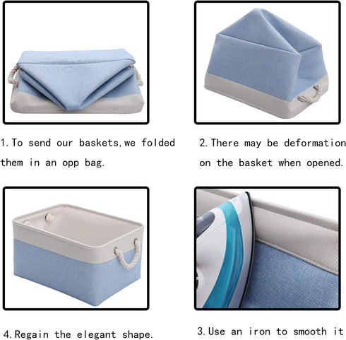 Fabric Storage Basket Set of 3, Foldable Linen Storage Box for Nursery and Home, Collapsible Canvas Shelf Basket for Wardrobe or Bedroom, Blue and White