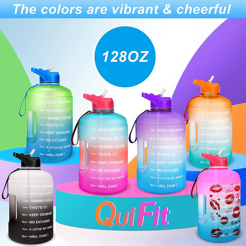 QuiFit Gallon Water Bottle Motivational - with Time Marker & Straw Leak-Proof BPA Free Durable Reusable 128oz Water Jug for Fitness, Gym and Outdoor Sports