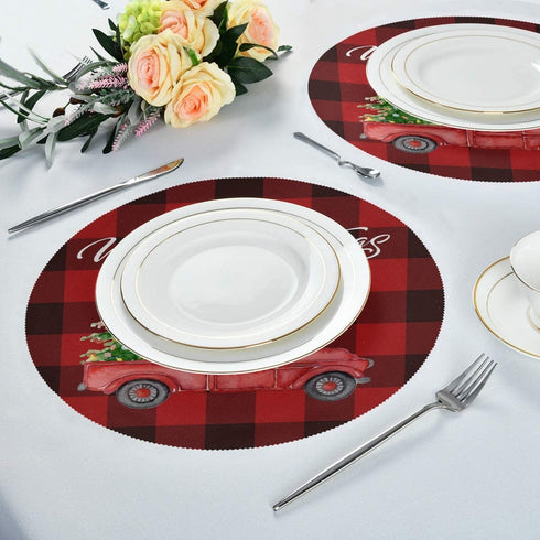 Christmas Plaid Round Placemats Set of 6 Table Placemats Red Black Buffalo Check Truck Place Mats Tablemats 15 inch for Kitchen Dining Table Dinner Kids Holiday Party
