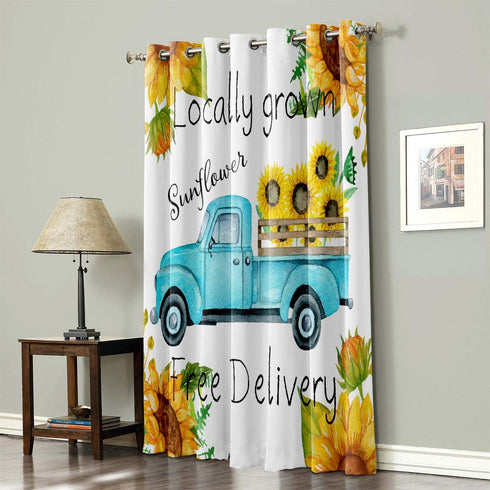 WARM TOUR Window Curtain Panel Blue Truck with Sunflowers Printing Decor Durable Drapes for Bedroom Kitchen Living Room Farm Country Theme 52×36Inch