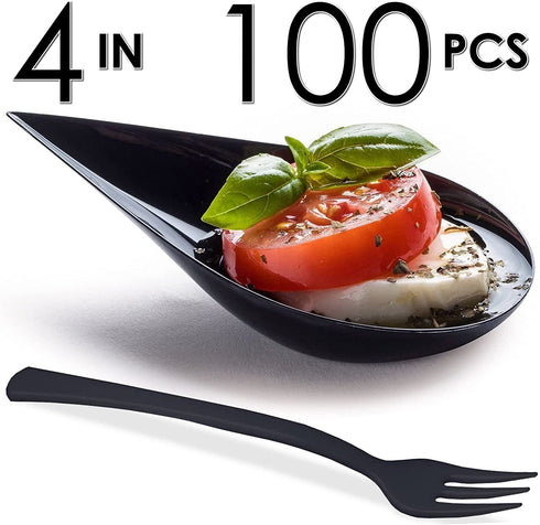 DLux 100 4-in Tear Drop Mini Appetizer Plates with Forks,Reusable Black Plastic Spoons - Desserts and Appetizers Dishes Serving Plate - Asian Spoon Set, Small Catering Dessert Tasting Cups