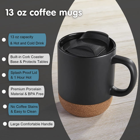 Ceramic Coffee Mugs with Lid, ALELION 13 oz Coffee Mug Set with Cork Bottom and Spill-resistant Lid, Christmas Coffee Mugs Gift Set for Women Men, Comfortable Handle for Home and Office, Black,2Pcs