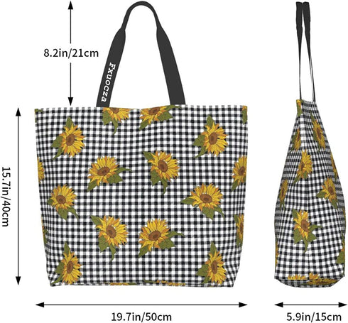 Fxuocza Sunflower Plaid Canvas Tote Bag Shopping Bag for Women Oversized Tote Bag for Grocery Travel Reusable Sunflower Bags