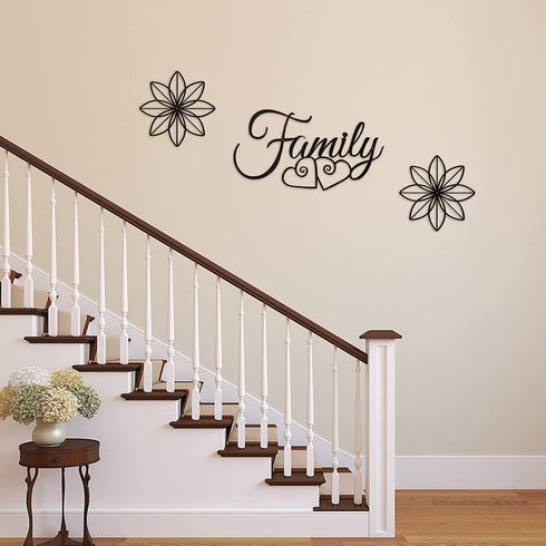 3 Pieces Family Metal Wall Sign Black Metal Family Word Wall Art Metal Family Wall Hanging Sign, 2 Pieces Black Metal Flower Wall Sculpture for Home Dining Room Kitchen Door Decorations Wall Decor