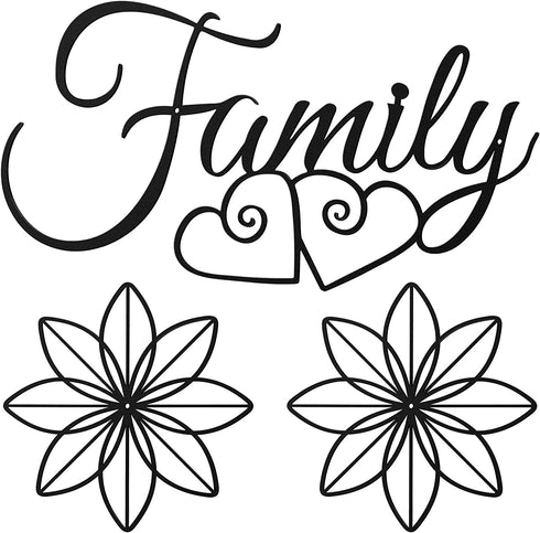 3 Pieces Family Metal Wall Sign Black Metal Family Word Wall Art Metal Family Wall Hanging Sign, 2 Pieces Black Metal Flower Wall Sculpture for Home Dining Room Kitchen Door Decorations Wall Decor