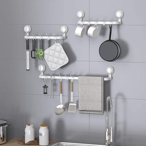 Avolare Suction Cup Towel Bar, Adjustable 24 Inches Towel Holder for Bathroom, Drill Free Removable Wall Mount Towel Rack with 5 Sliding Hooks, Hand Towel Hanger for Kitchen, Toilet, Shower, Door