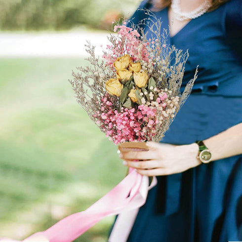 XYXCMOR Natural Dried Flowers Bouquet Dried Eucalyptus Leaves Real Yellow Rose Babys Breath Dried Flowers for Home Table Vase Wedding Floral Arrangements Garden Boho Decor