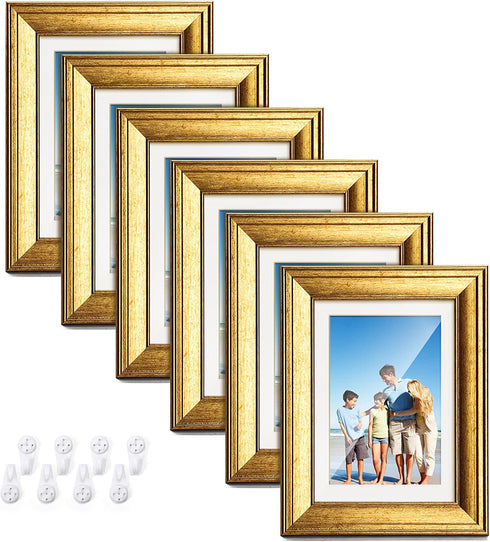 TWING 5x7 Gold Picture Frames Set of 6, Gold Frames Display Pictures 4x6 with Mat or 5x7 Without Mat, Tabletop Display and Wall Mounting Home Decorative Photo Frames, Set for Wall Gallery