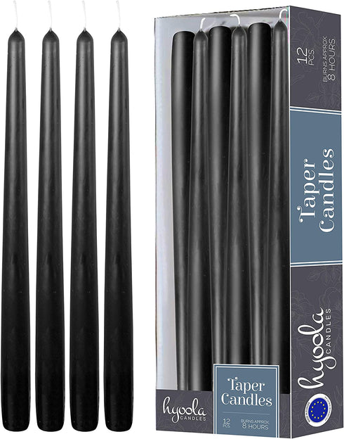 12 Pack Tall Taper Candles - 10 Inch Black Dripless, Unscented Dinner Candle - Paraffin Wax with Cotton Wicks - 8 Hour Burn Time