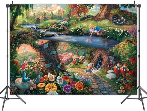 Cartoon Forest Scene Flowers Photo Background Baby Shower Decorations Vinyl 7x5ft Alice in Wonderland Enchanted Photography Backdrop Princess Girls Sweet Birthday Party Banner Supplies Photo Booth