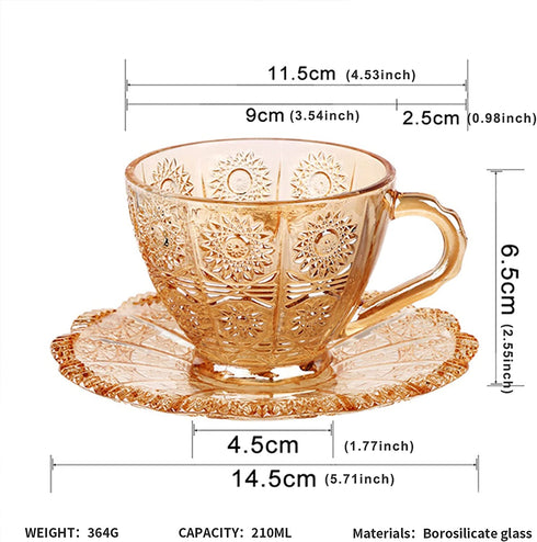 Vintage Glass Sun Flower Tea Cup, Glass Tea Cup and Saucer Set, Coffee Mug Cup-Embossed Glass, 7.2 oz (Amber)