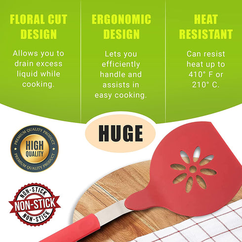 Homi Styles Jumbo Nylon Kitchen Pancake Spatula | Wide Non-Stick Slotted Blade with Floral Cut-Out Design - Great for Pancake Flipper, and Egg Turner | 15 x 6.5 Inches ( Red)