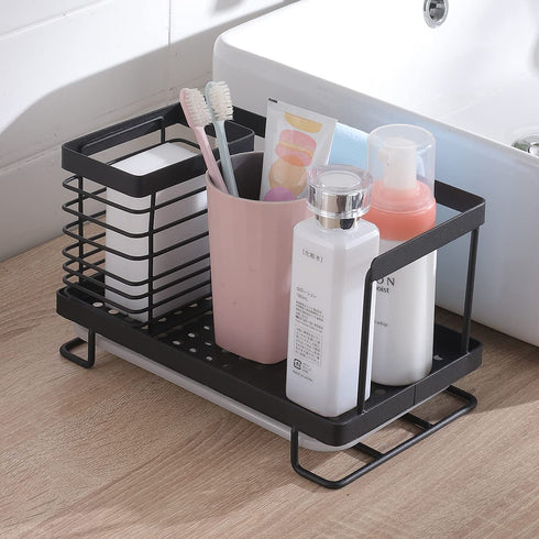 ORZ Sink Caddy Organizer Countertop, Holder for Sponge Brush Soap Dish Dishcloth with Drain Pan Stainless Steel for Kitchen Black¦