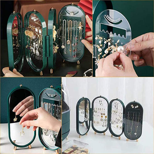 Fashion Small Foldable Jewelry Display Earrings Rings Organizer Box Jewelry Travel Case Small for Women Hanging Necklace Jewelry Storage Box 4 Doors Foldable Screen Necklace Display Rack Jewelry Organizer for Earrings with Mirror (WHITE)