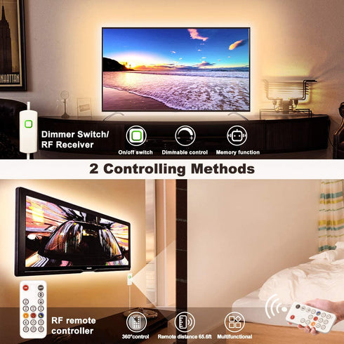 LED Strip Lights Warm White, 16.4ft Dimmable LED Light Strip with RF Remote, 300 Bright 3000K 2835 LEDs, Plug-in Adhesive Rope Lights with Timing Mode for Living Room Bedroom Kitchen Cabinet Mirror