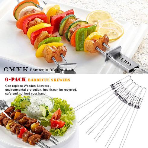 CMYK Barbecue Skewers, 6-Pack 13" Stainless Steel Grilling Skewers with Slider, Reusable Metal BBQ Shish Kebab Skewer Sticks