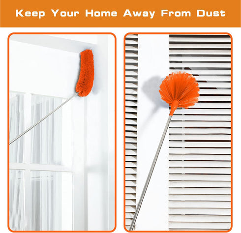 Microfiber Duster, Feather Duster Kit with 100 Inch Telescoping Extension Pole, Reusable Bendable Dusters, Washable Lightweight Dusters for Ceiling Fan