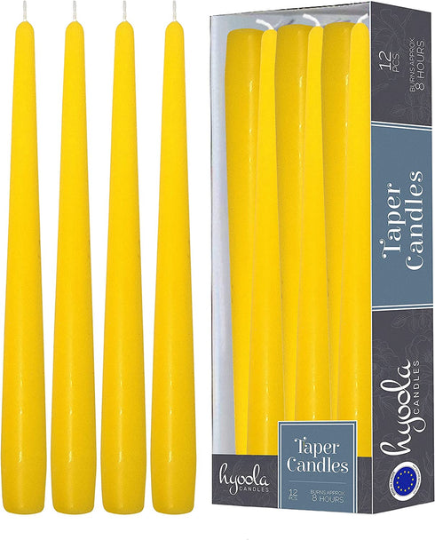 Hyoola Tall Taper Candles - 10 Inch Yellow Unscented Dripless Taper Candles - 8 Hour Burn Time - 12 Pack