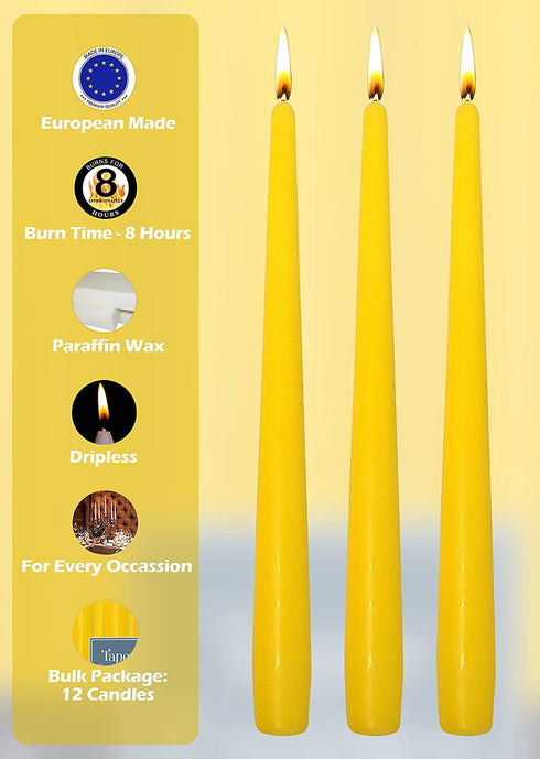 Hyoola Tall Taper Candles - 10 Inch Yellow Unscented Dripless Taper Candles - 8 Hour Burn Time - 12 Pack