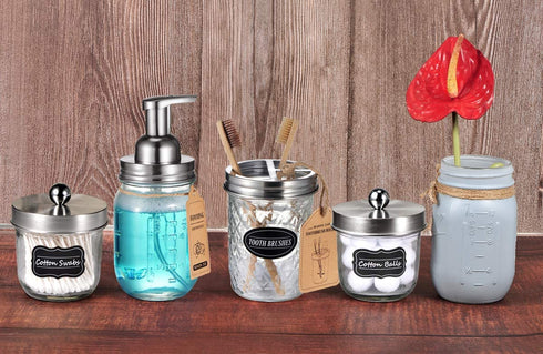 Mason Jar Bathroom Accessories Set(4 Pack) - Foaming Soap Dispenser&Qtip Holder Set&Toothbrush Holder-Rustic Farmhouse Decor Bathroom Organizer Apothecary Jar Country Countertop (Brushed Nickel)