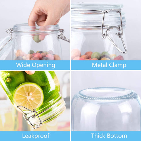ESEOE Mason Jars - 4 Pack 34 OZ Airtight Hinged Lids Glass Container: Wide Mouth Kitchen Canisters with Label for Spice Canning Jelly Jam Candy Cookie Coffee, 4 Reusable Freezer Food Storage Bags
