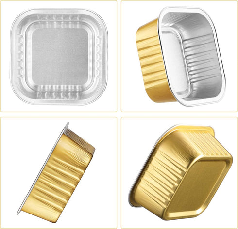 Baking Cups Aluminum Foil, EUSOAR 5oz 50pcs Reusable Cupcake Cups with Lids, 150ml Pie Ramekins, Desserts Flans, Custard Cake Pudding Jello Cups, Catering Party Favor-Gold